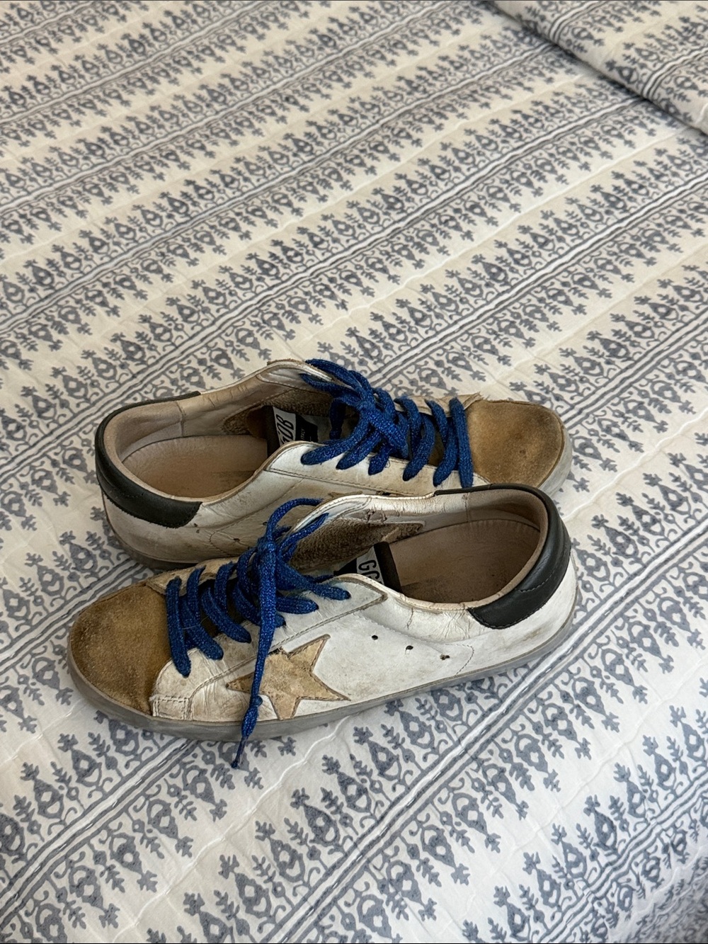 Golden Goose White Sneakers with Gold Star and Blue Laces